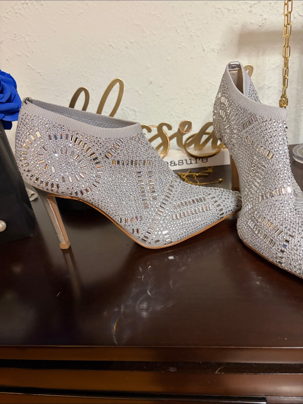 Thalia Sodi Silver Crystal Embellished Pointed-Toe Booties - Picture 6 of 8